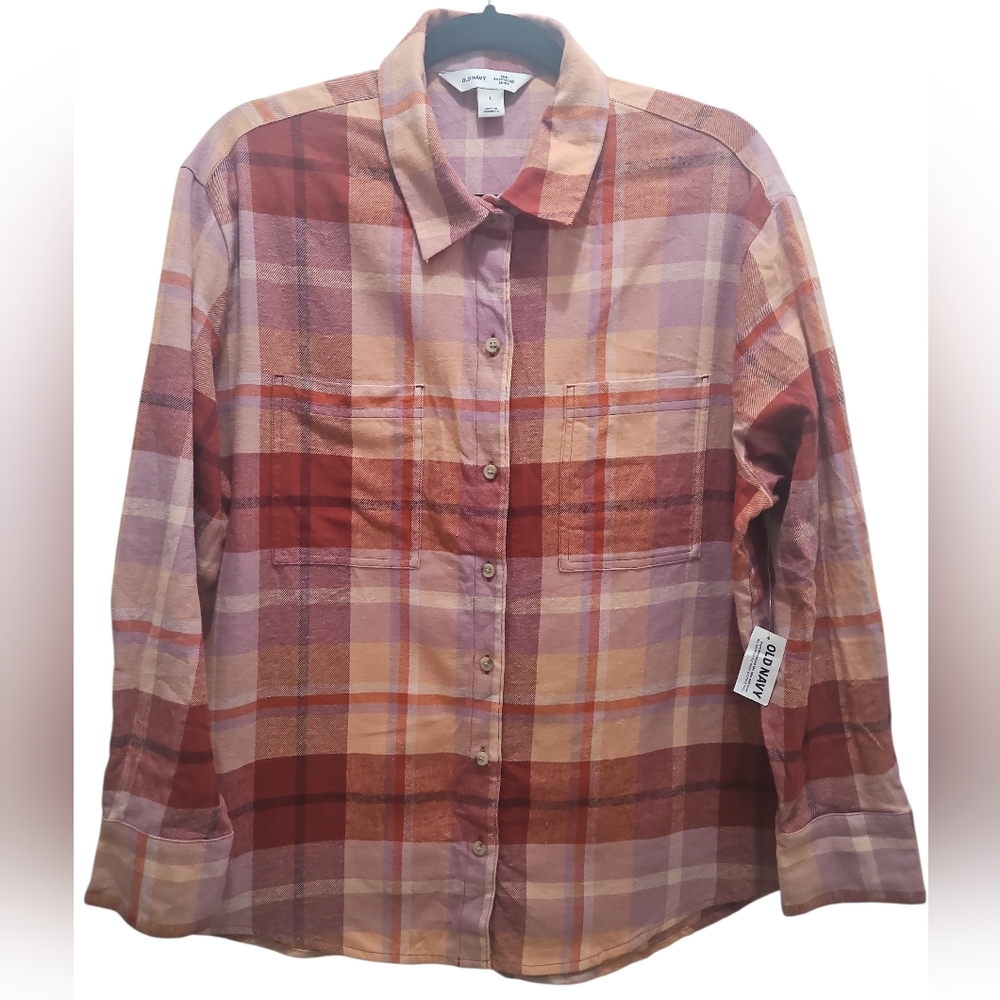 OLD NAVY L The Boyfriend Flannel Shirt Plaid Red Purple Peach Cotton Warm Cozy
